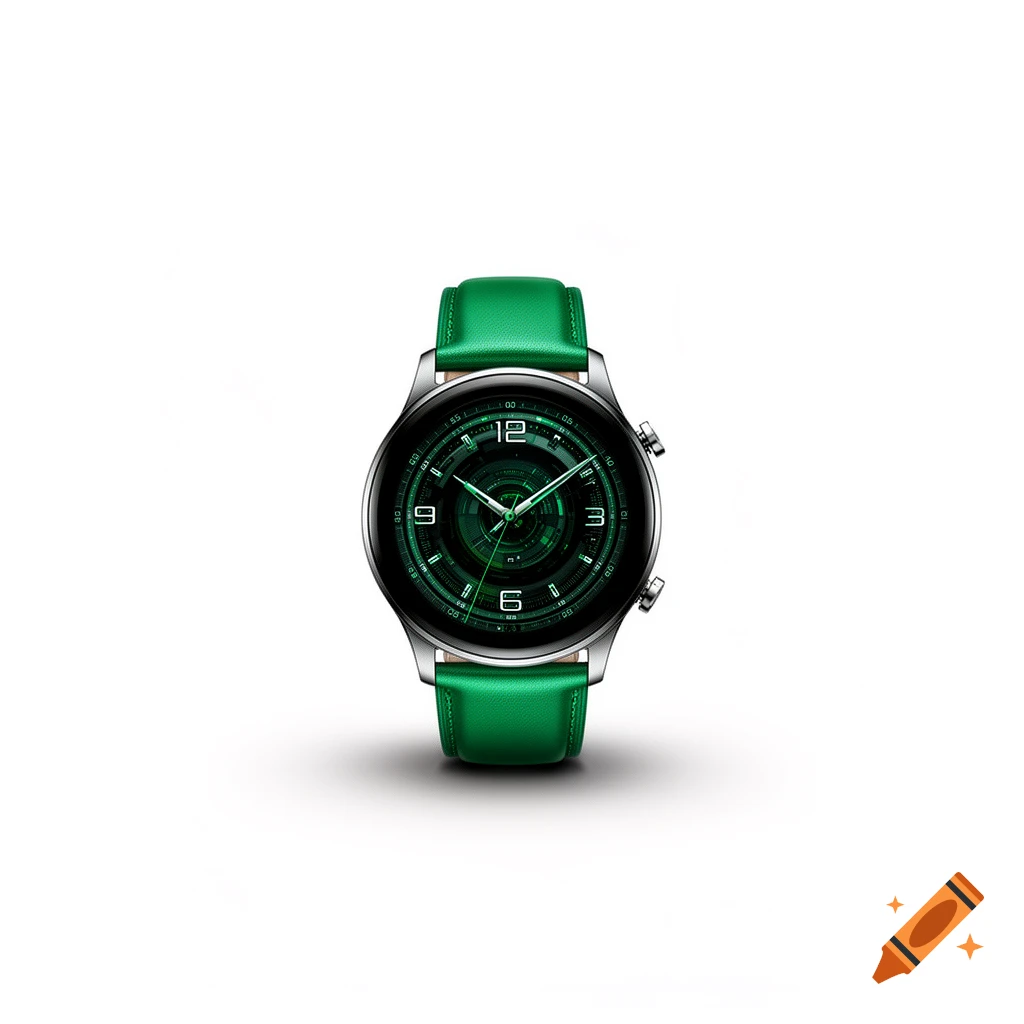 A sleek silver smartwatch with an emerald green leather strap and a dark green digital display, presented on a white background.