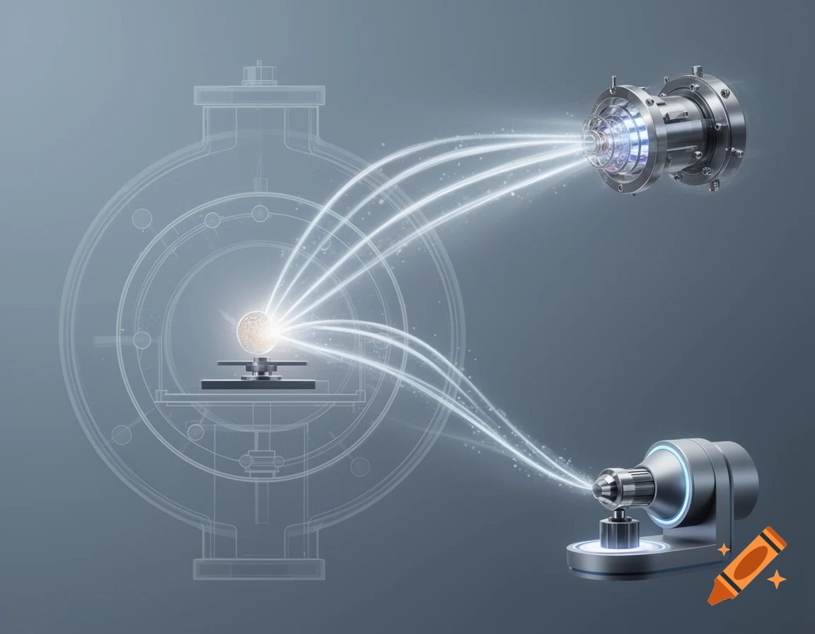 Schematic of an XPS setup, showing an X-ray source, sample, and electron analyzer within a vacuum chamber.