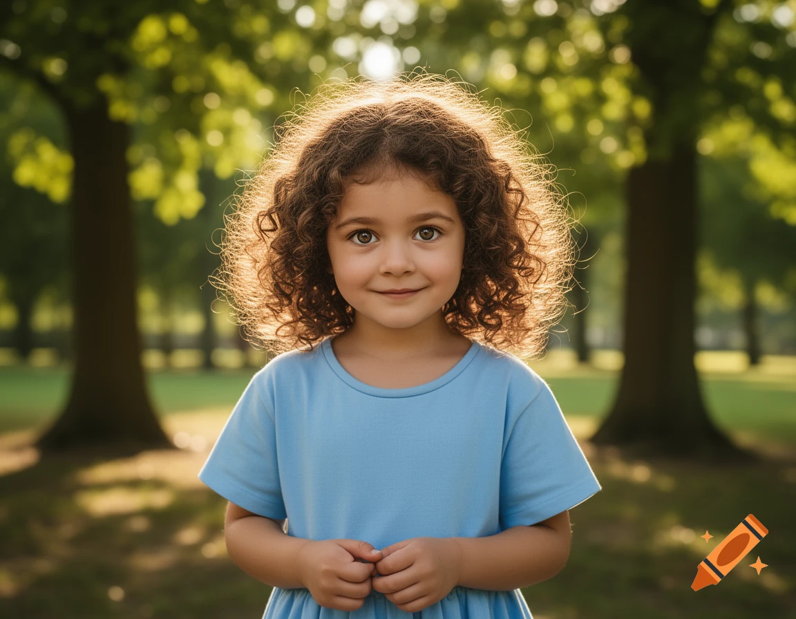 A young girl with curly brown hair and big eyes smiles, wearing a light blue dress, standing in a sunlit park.