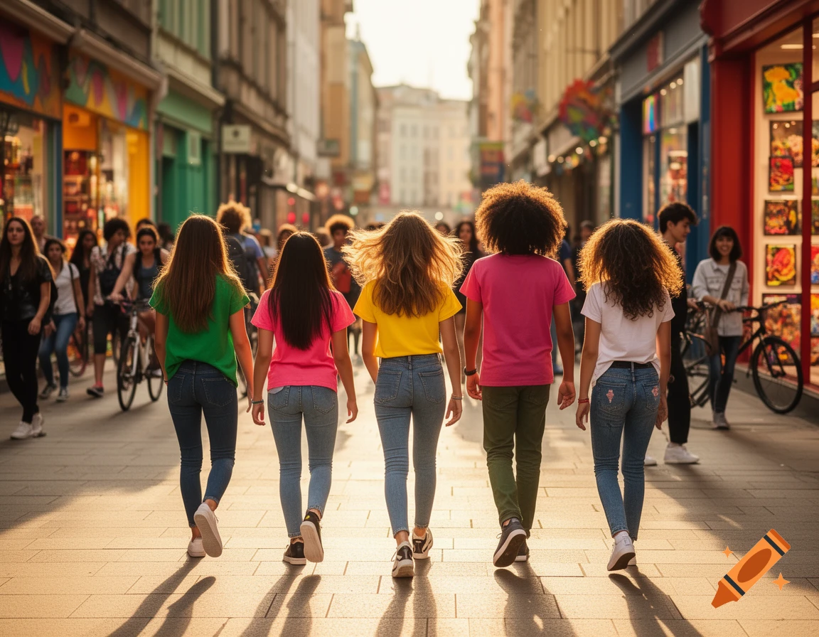 Group of diverse teenagers seen from the back, walking down a sunny, bustling city street with shops lining the sides.