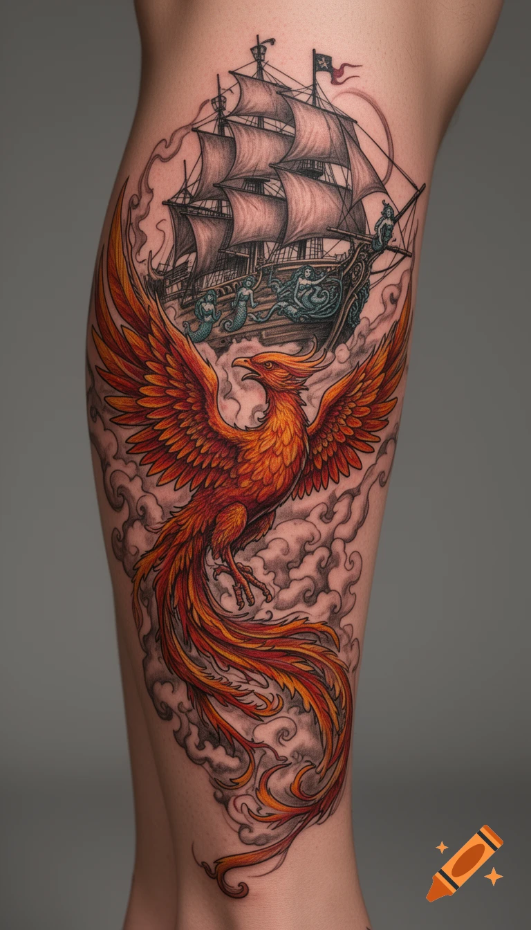 Vibrant tattoo on a leg featuring an orange phoenix rising amidst clouds below a detailed sailing ship with mermaids.