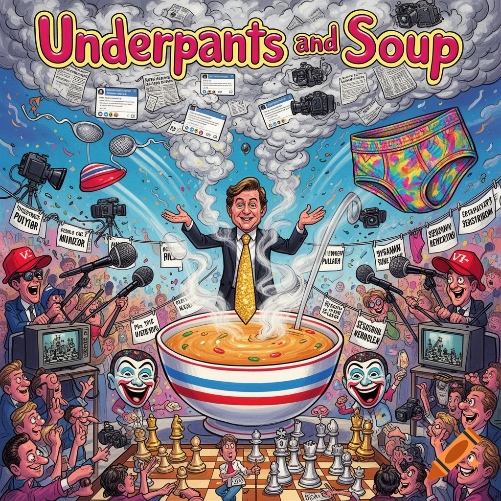 A vibrant, surreal pop art political satire cartoon titled "Underpants and Soup." A charismatic man with a golden tie stands by a steaming soup bowl, surrounded by reporters, cameras, social media posts, and floating colorful underpants, against a backdrop of newspaper clouds and a chess game.