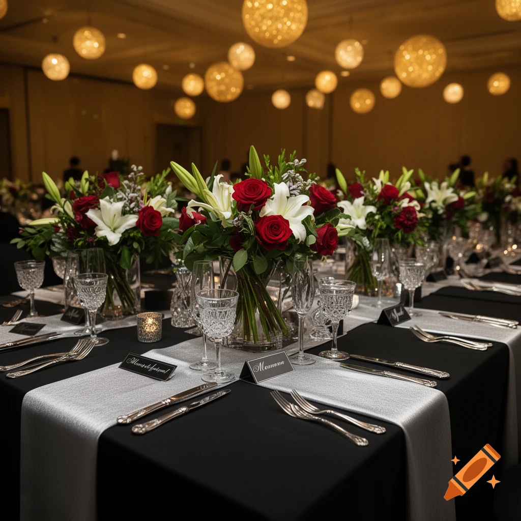 Elegant table setting with black tablecloth, silver runner, crystal glasses, and red and white floral centerpieces under warm, glowing spherical lights.