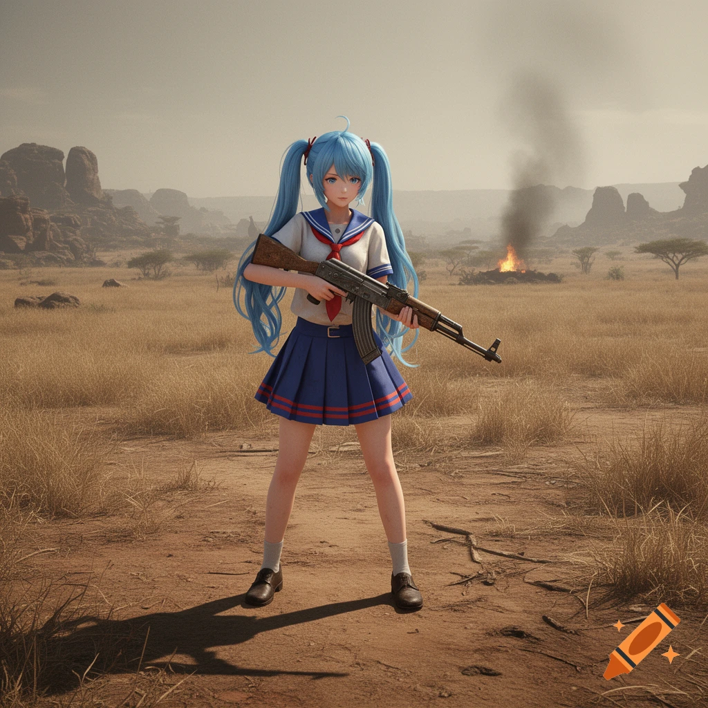 Anime girl with blue pigtails in a school uniform holding an assault rifle in a dry, rocky landscape with a distant fire.