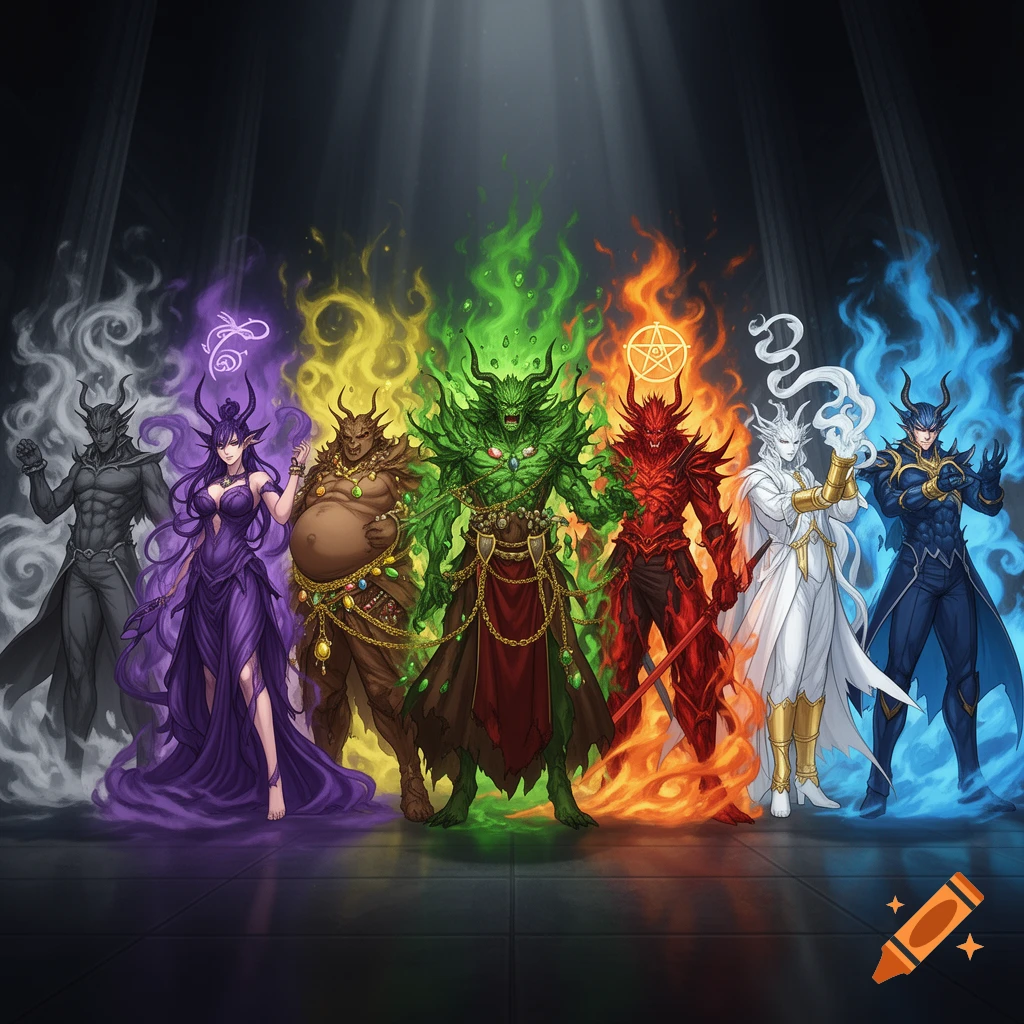 Seven colorful demon lords, each with distinct features and elemental auras, stand in a line.