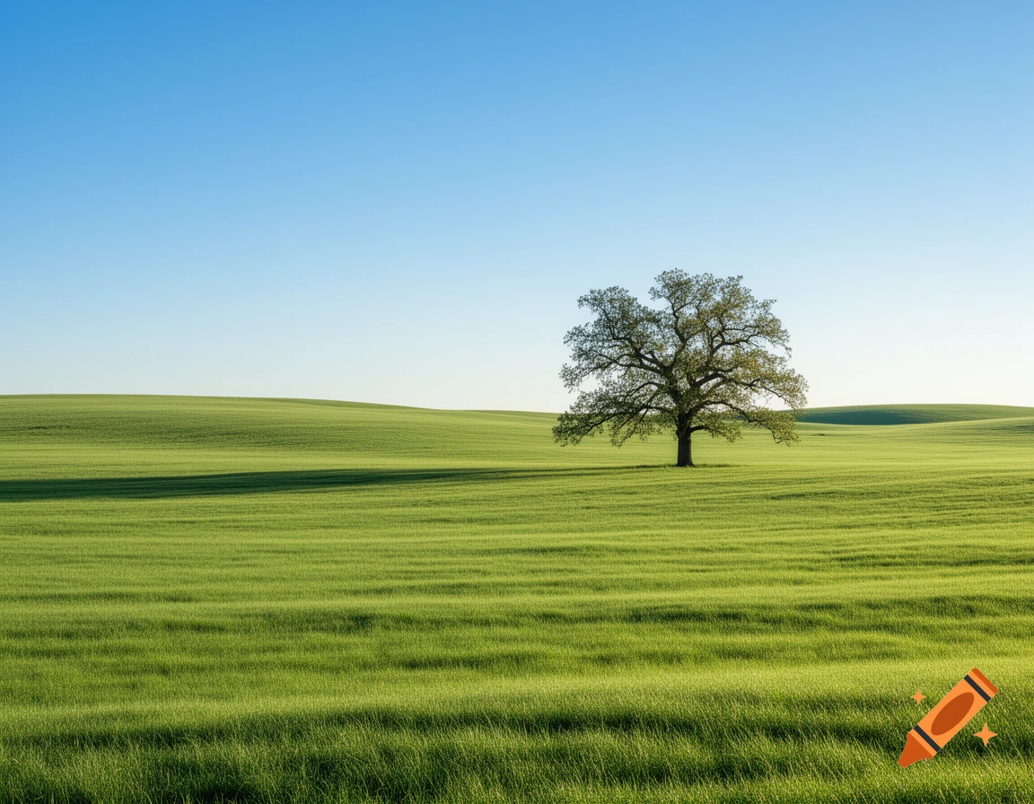A lone tree stands prominently in a vast, rolling green field under a clear, bright blue sky in a photorealistic style.