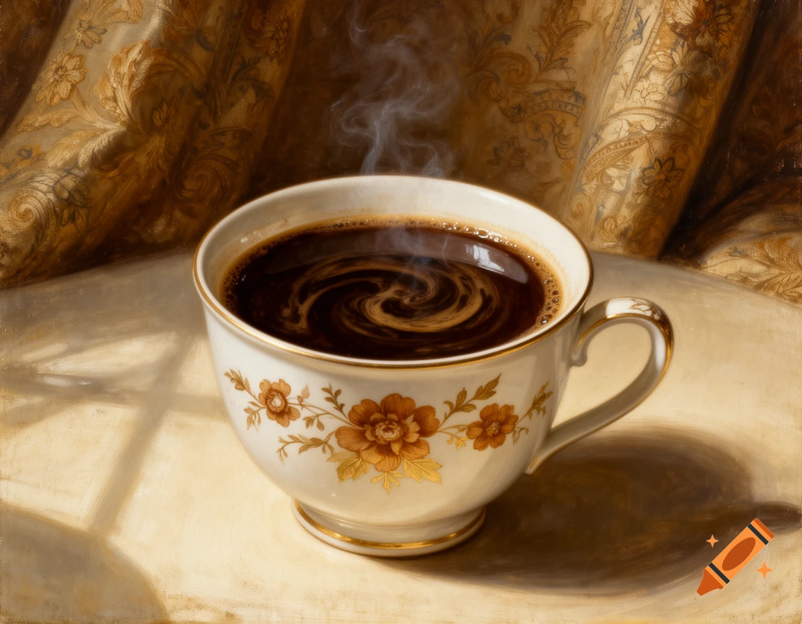 A steaming cup of coffee in a white porcelain cup with gold floral patterns, painted in the style of old masters.