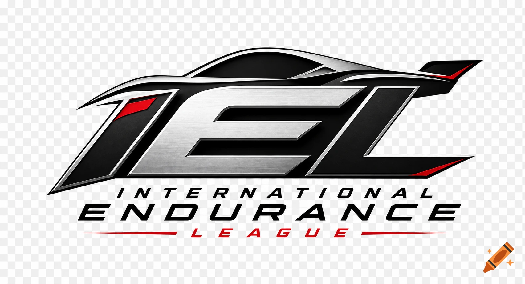 Sleek black and silver logo with red accents for International Endurance League, featuring a stylized hypercar silhouette.