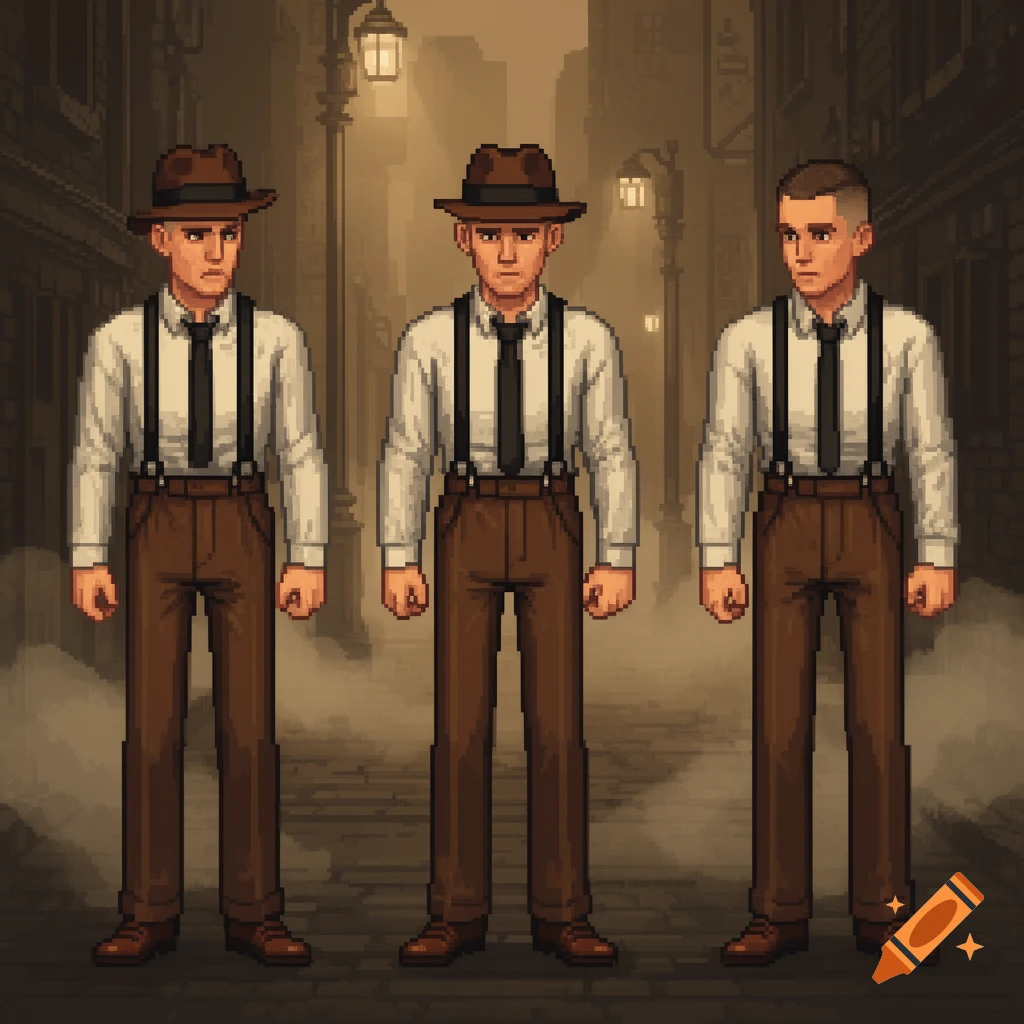 Pixel art of three men in 1920s noir detective style: white shirts, ties, suspenders, brown pants, shoes. Two wear fedoras, one has a buzzcut.