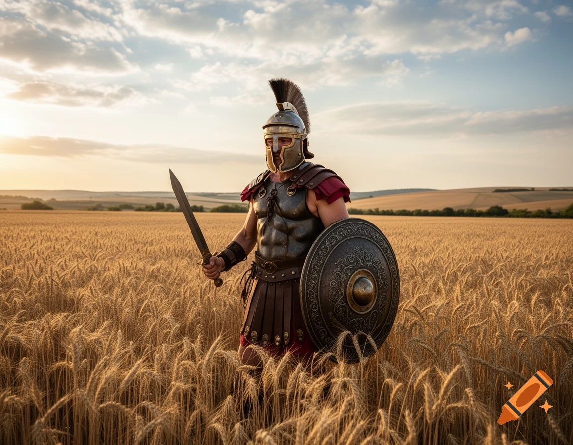 A photorealistic image of a Roman-style warrior in full armor, holding a sword and shield, standing in a golden wheat field at sunset.