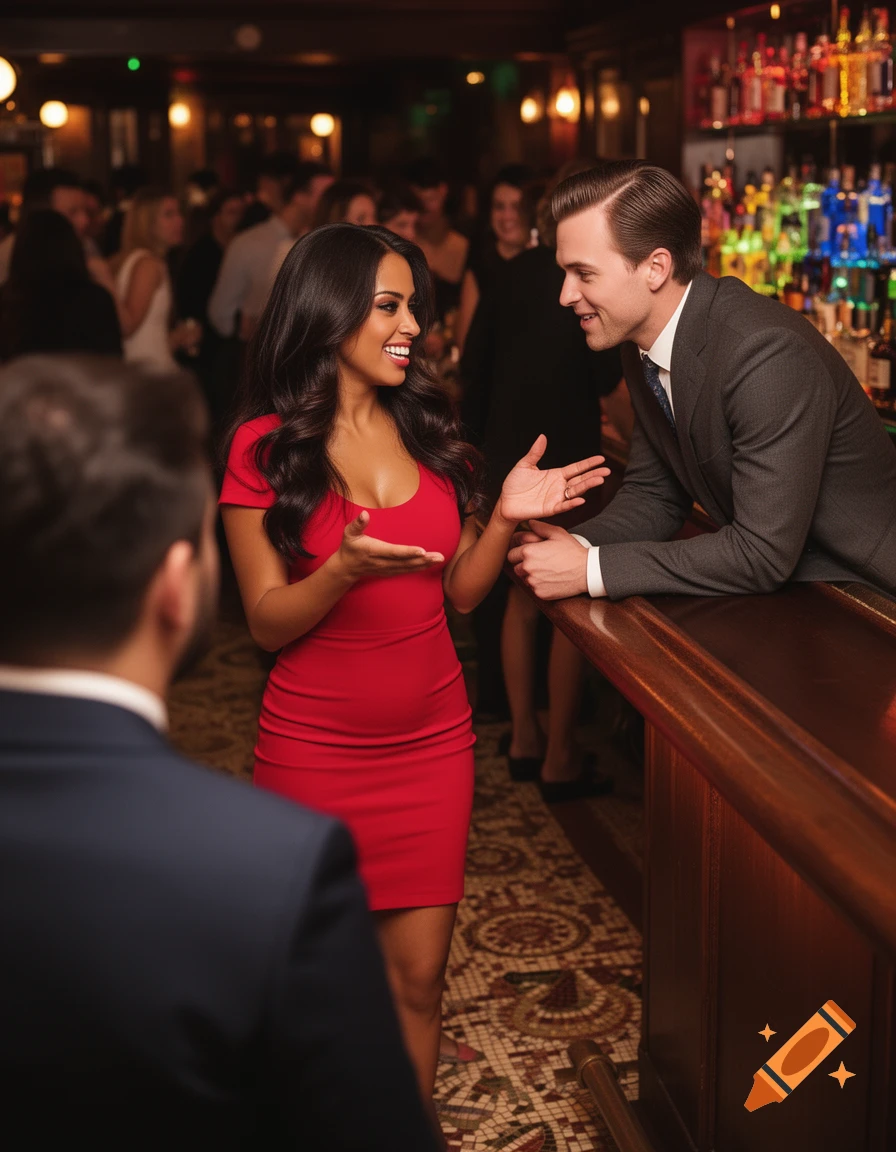 A woman in a red dress talks to a man leaning on a bar, with other people in the background.