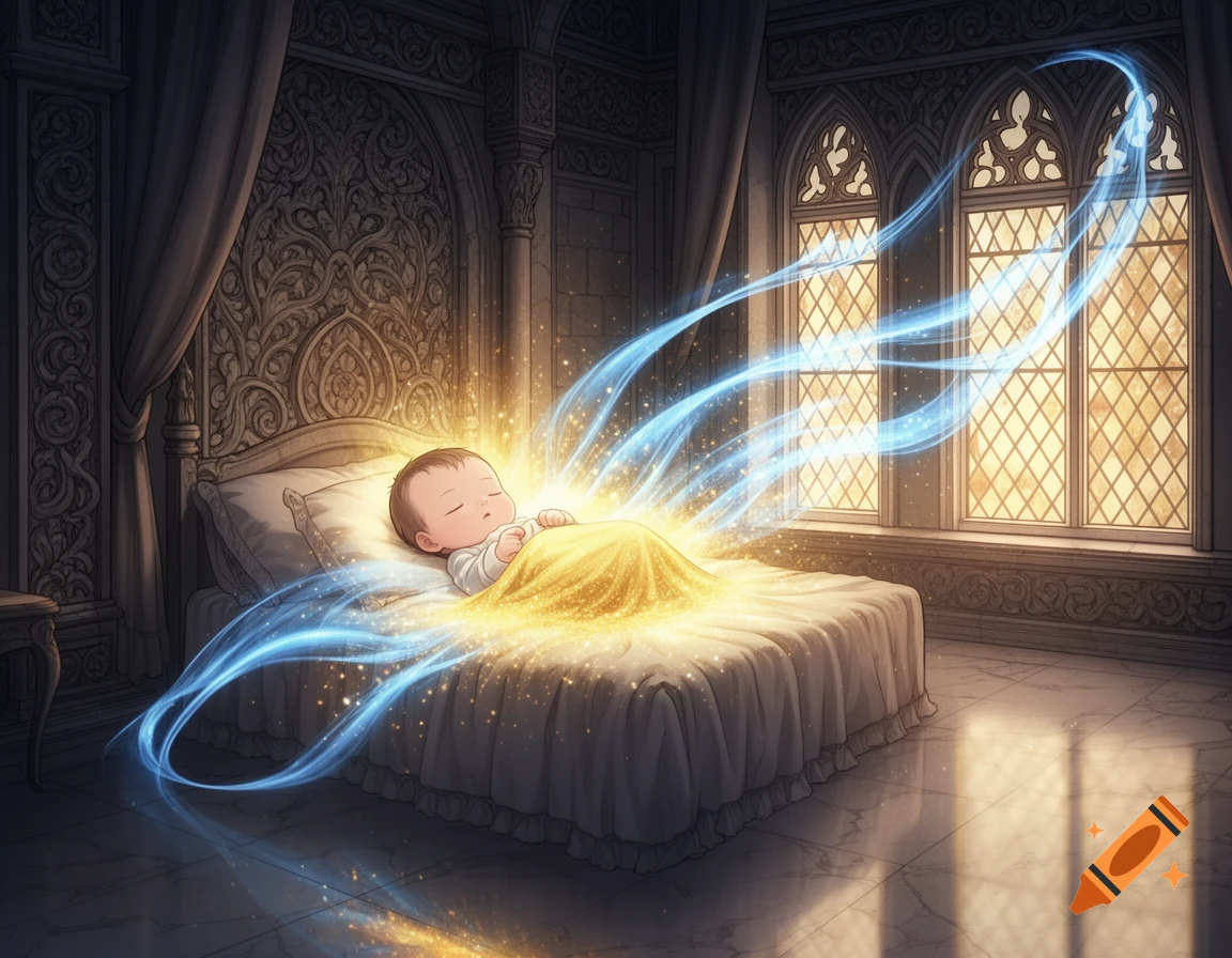 An anime-style newborn baby glows with gold and blue magical aura in a grand medieval palace bedroom.