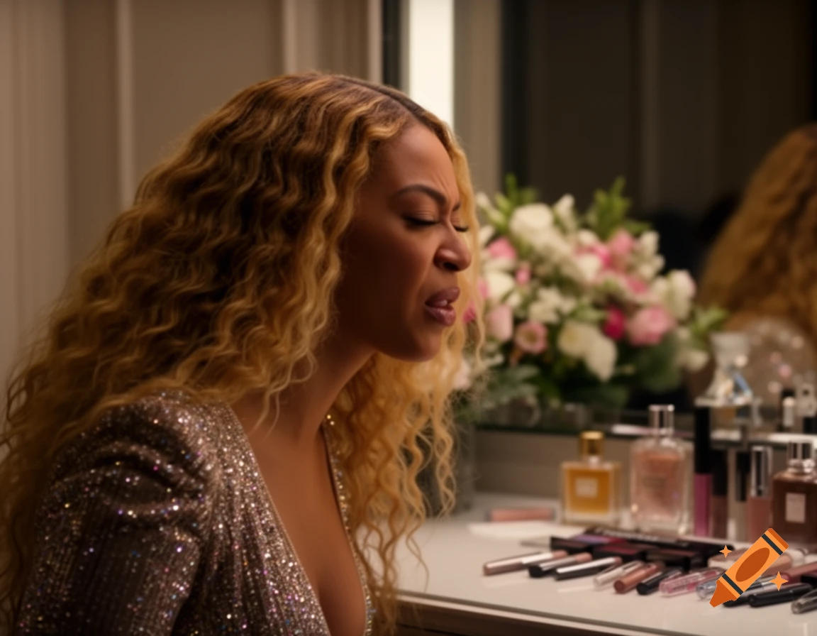 Beyonc amidst makeup on a vanity table, with long curly blonde hair and a sparkling top, singing with a strained expression.