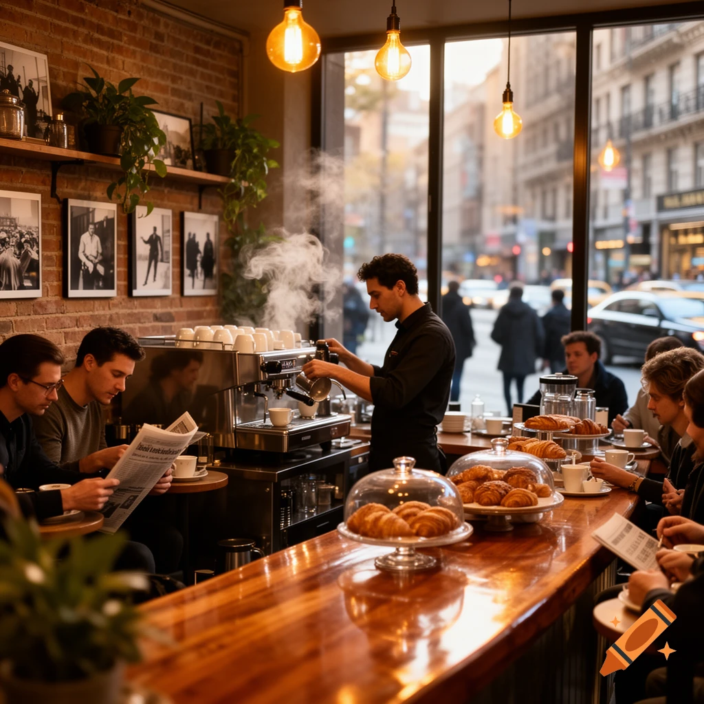 A barista steams milk at a coffee bar inside a busy cafe, where customers enjoy drinks and pastries with a city street visible outside.
