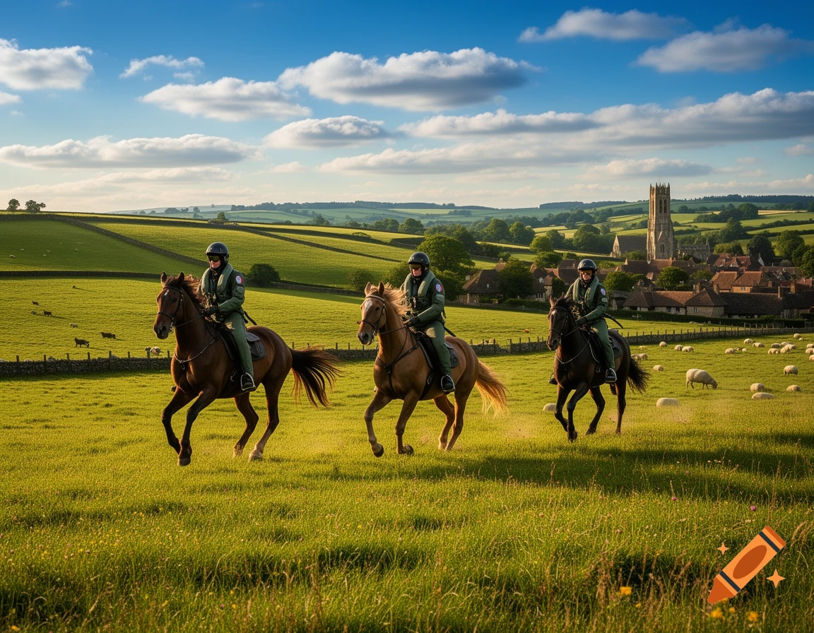 Three riders in green uniforms and helmets gallop on horseback through a lush green field in the English countryside, with a village and church steeple in the background under a blue sky with white clouds.