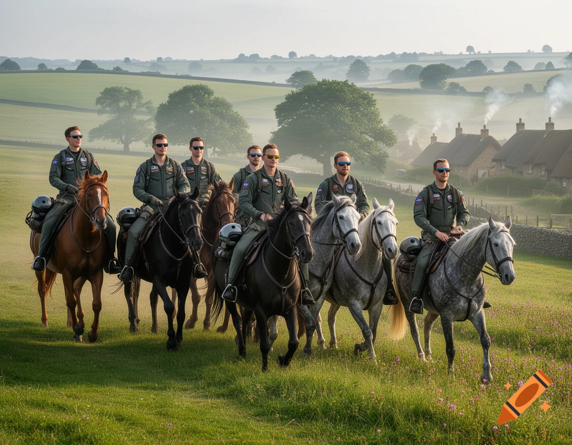 Several men in green flight suits and sunglasses ride horses through a green, rolling English countryside with thatched-roof cottages in the distance.