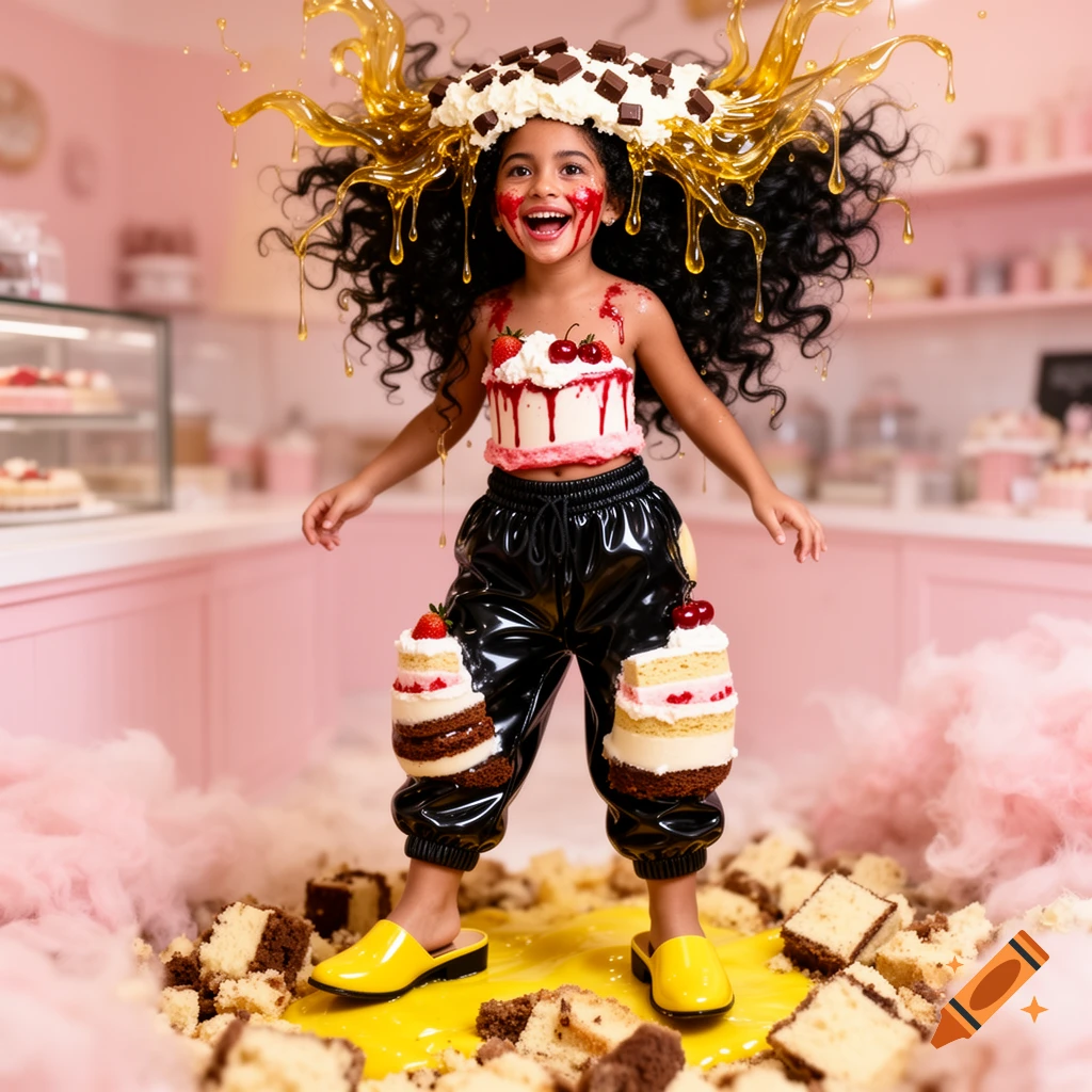 A joyful girl in a pink kitchen, covered in cake and syrup, wearing a cake-themed outfit and yellow shoes amidst crushed cakes and pink cotton candy.
