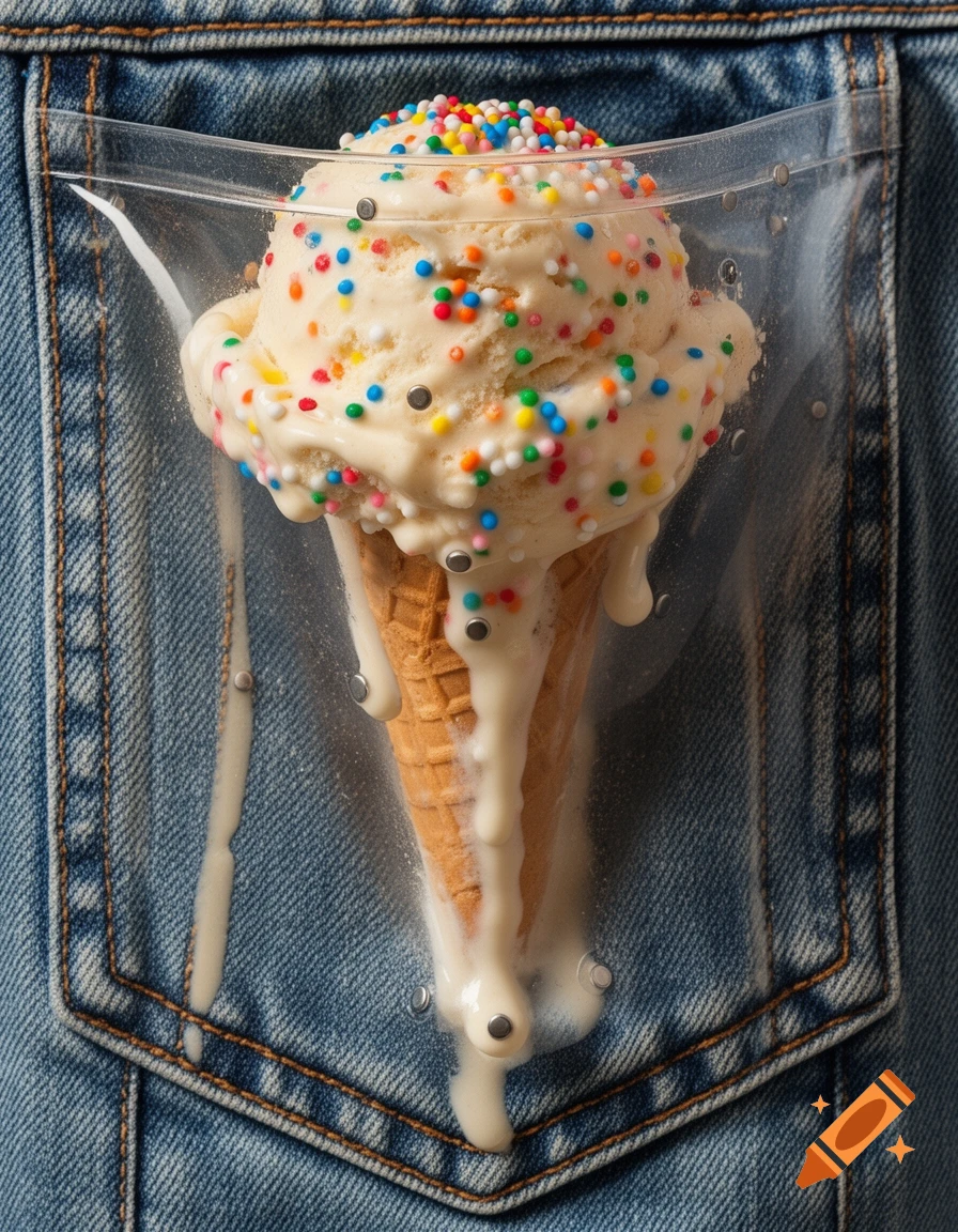 A melting vanilla ice cream cone with colorful sprinkles in a clear plastic pocket of a blue denim jacket.