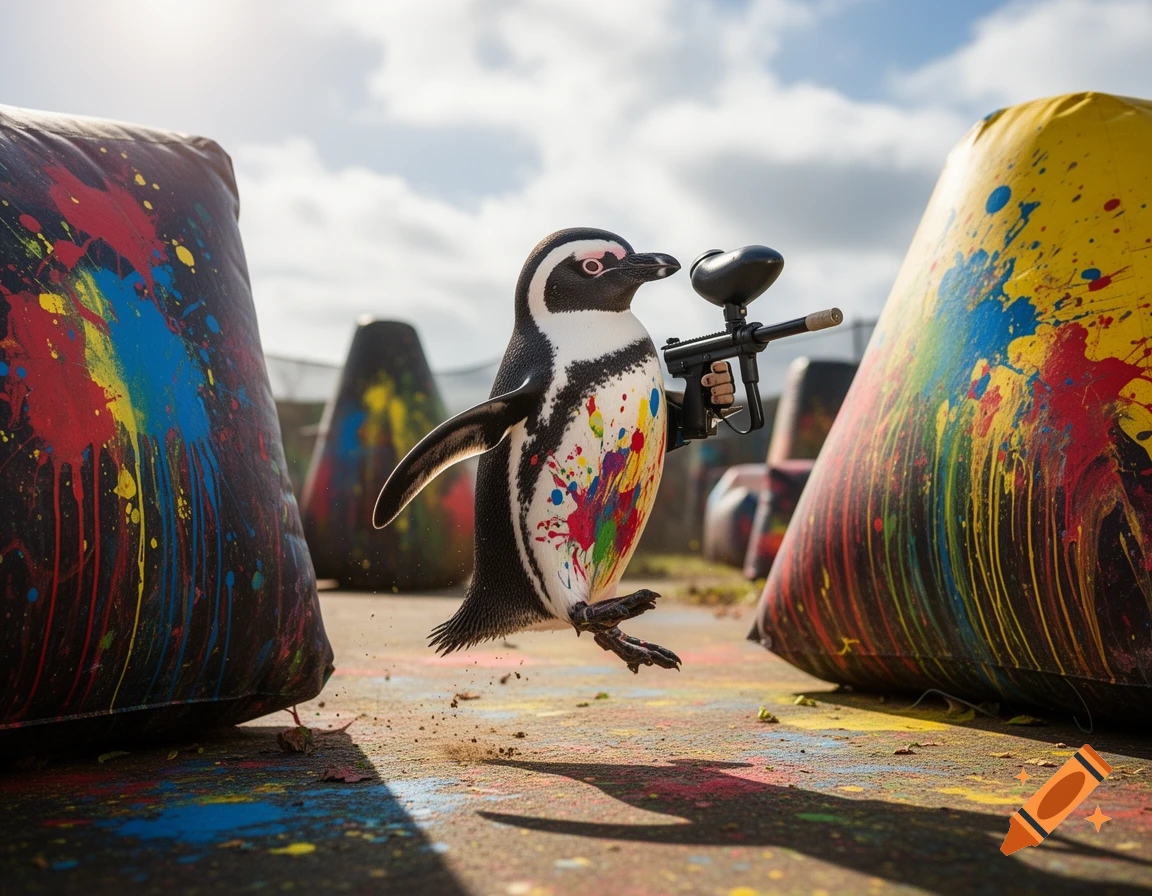 A photorealistic penguin jumps through a paintball arena, splattered with colorful paint, holding a paintball gun.