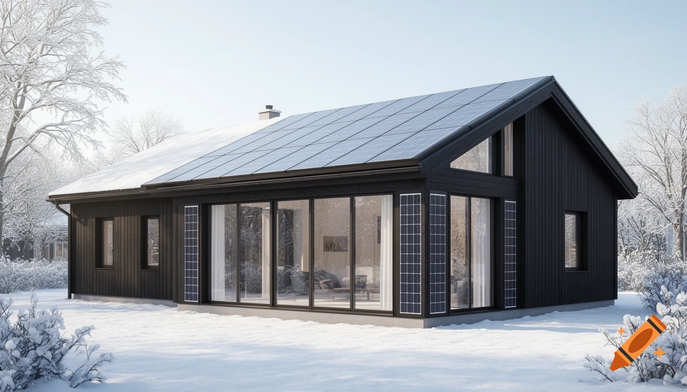A modern dark wooden house with a sunroom and roof solar panels, surrounded by snow in a winter landscape.