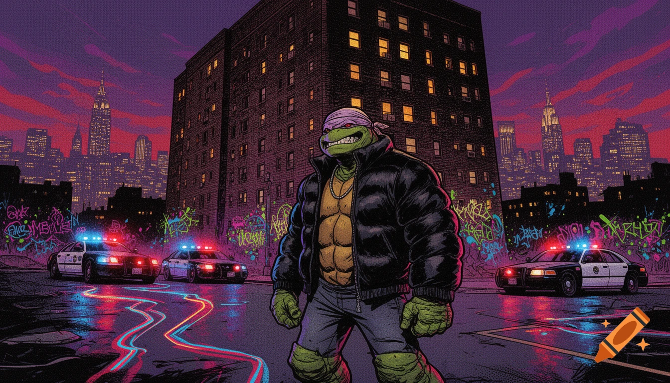 Gritty comic art of a muscular turtle in a puffer jacket and durag, standing before an urban building with police cars and city skyline at night.