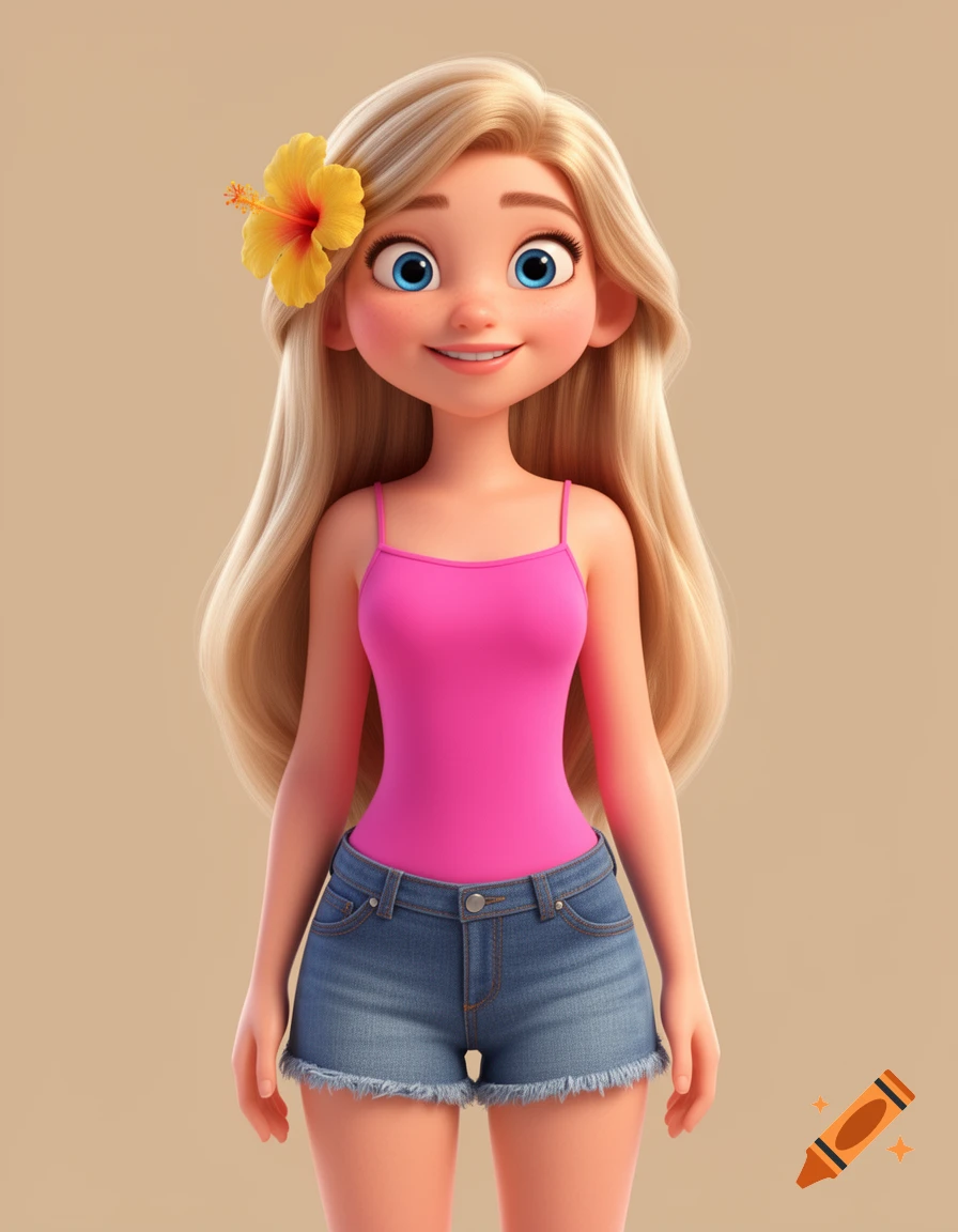 A 3D animated character of a smiling blonde girl with blue eyes, wearing a pink top, denim shorts, and a yellow hibiscus in her hair, on a beige background.
