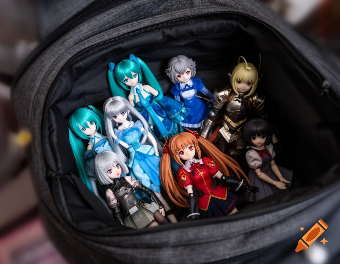 Multiple anime-style dolls are strewn inside an open dark grey backpack, captured with moody lighting and bokeh.