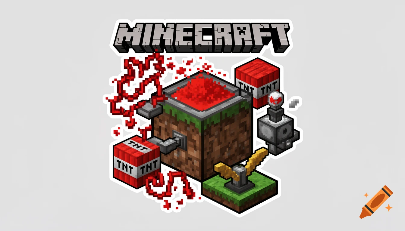 Pixel art showing Minecraft elements: a dirt block with redstone dust, TNT blocks, pistons, levers, and redstone trails.