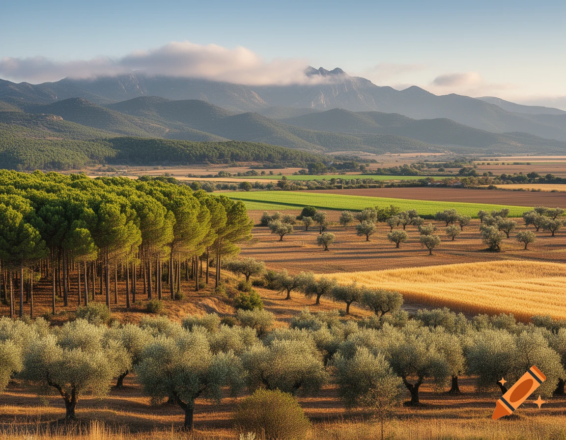 Expansive rural landscape featuring rows of green pine trees, olive groves, golden fields, and distant mountains.