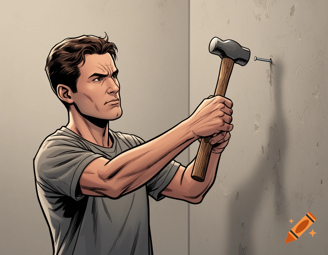 A comic-style illustration of a man with a determined expression hammering a nail into a gray wall.