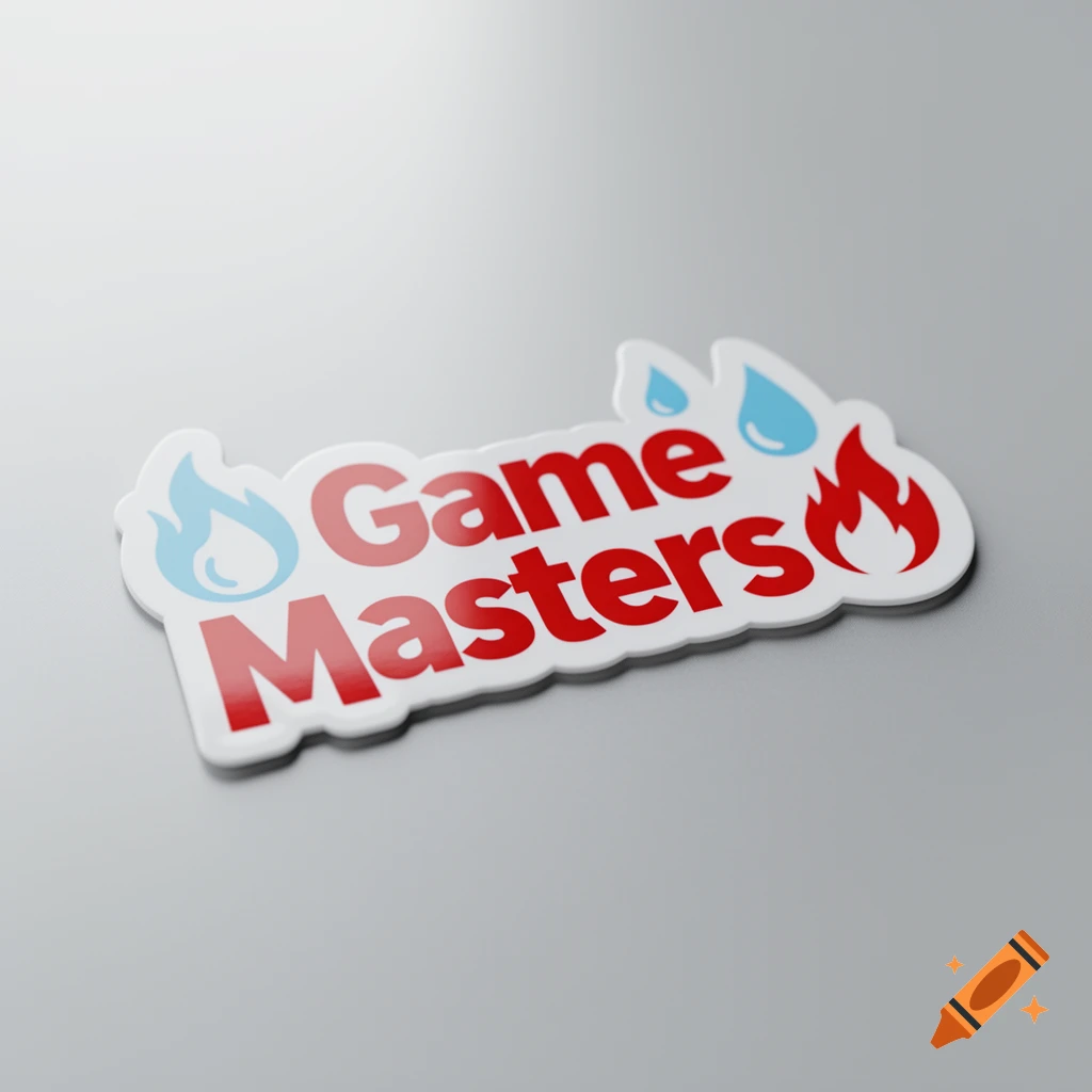 A sticker featuring the text 'Game Masters' in red, flanked by blue water droplets and red flame icons, on a light grey surface.