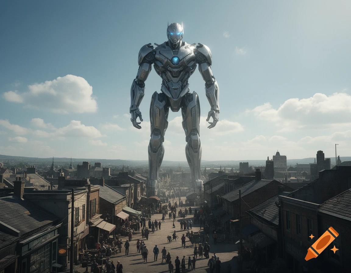 A giant silver robot with glowing blue eyes stands over a busy old-world city street, under a clear sky.