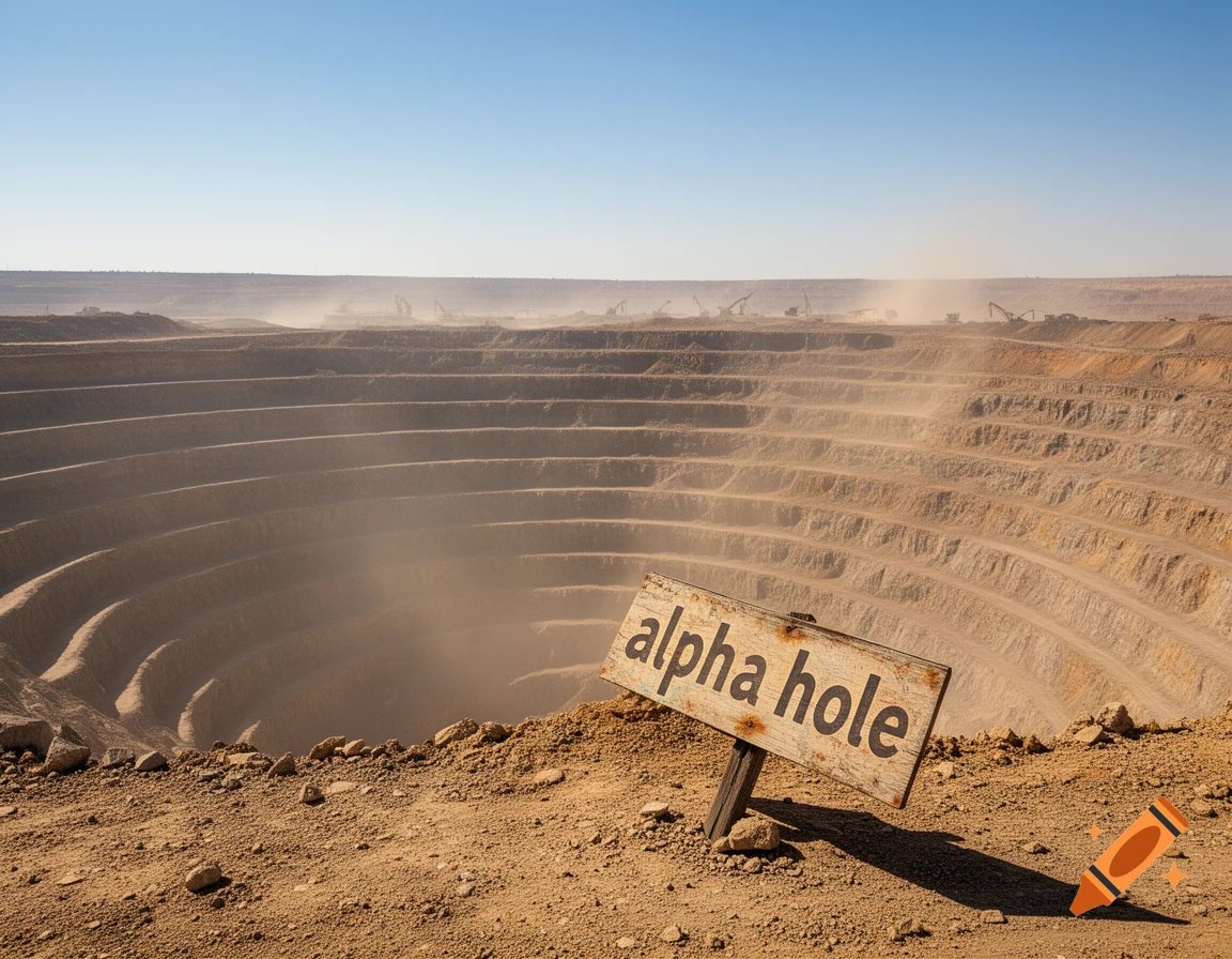 A massive open-pit mine under a clear blue sky, with a worn wooden sign reading "alpha hole" crookedly at its edge.