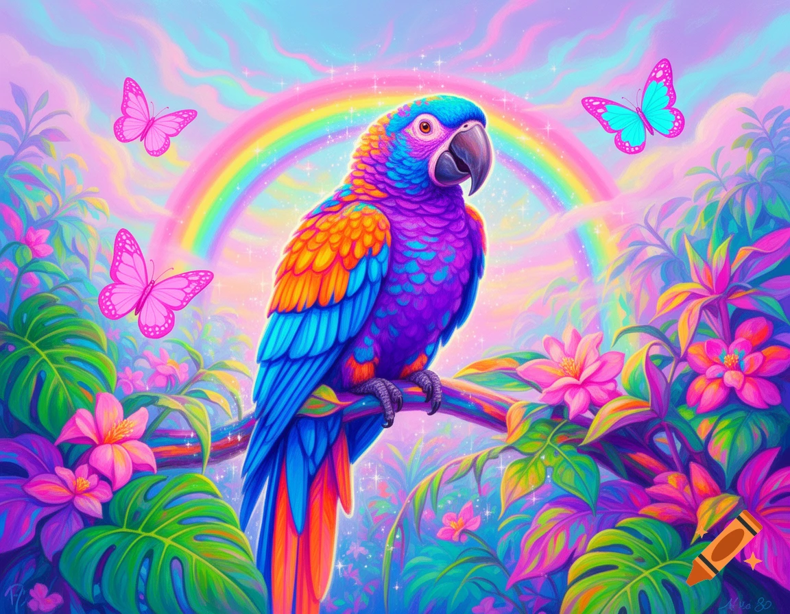 A vibrant, Lisa Frank style image of a colorful parrot perched on a branch amidst tropical flowers, butterflies, and a rainbow in a dreamy sky.