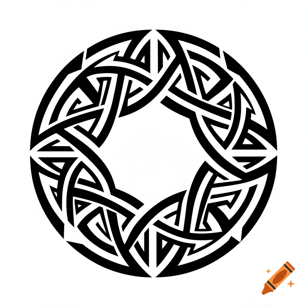 A black and white circular tribal knot pattern with interwoven lines against a white background.
