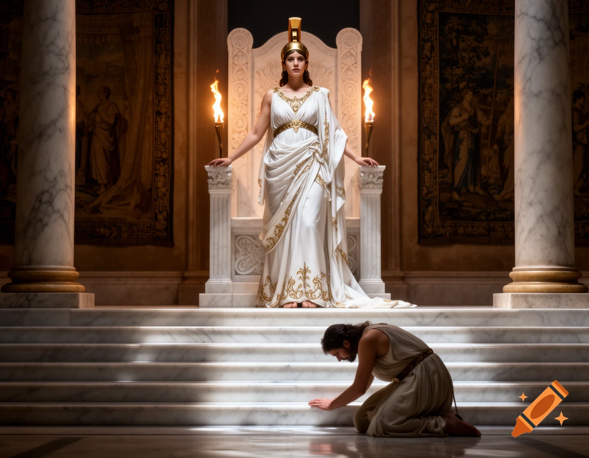 A majestic goddess in classical white and gold robes sits on a throne while a man kneels below, praying on marble steps, in a photorealistic style.