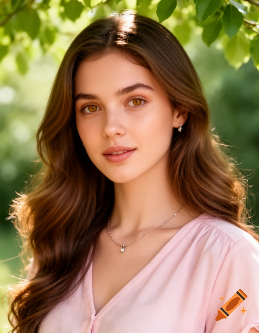 A close-up photorealistic portrait of a young woman with long brown hair, wearing a pink top, in sunlight with green foliage.