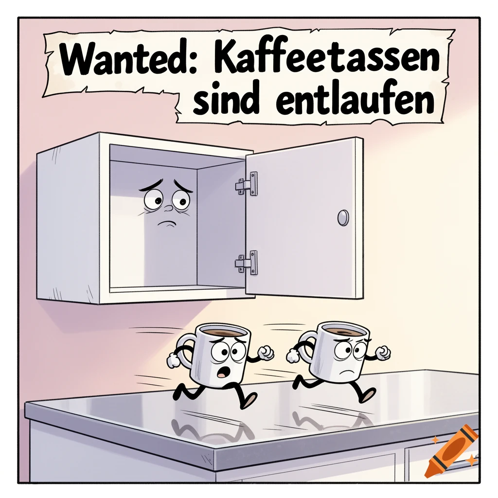 Cartoon of a sad, empty kitchen cabinet with an open door looking at two coffee cups with legs running away on the countertop. A banner above reads "Wanted: Kaffeetassen sind entlaufen".