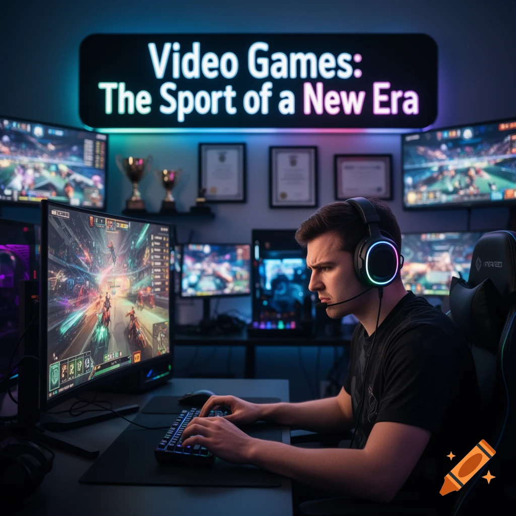A focused gamer wearing an RGB headset and typing on a mechanical keyboard, playing on a multi-monitor setup with bright neon lights and a sign above reading 'Video Games: The Sport of a New Era'.