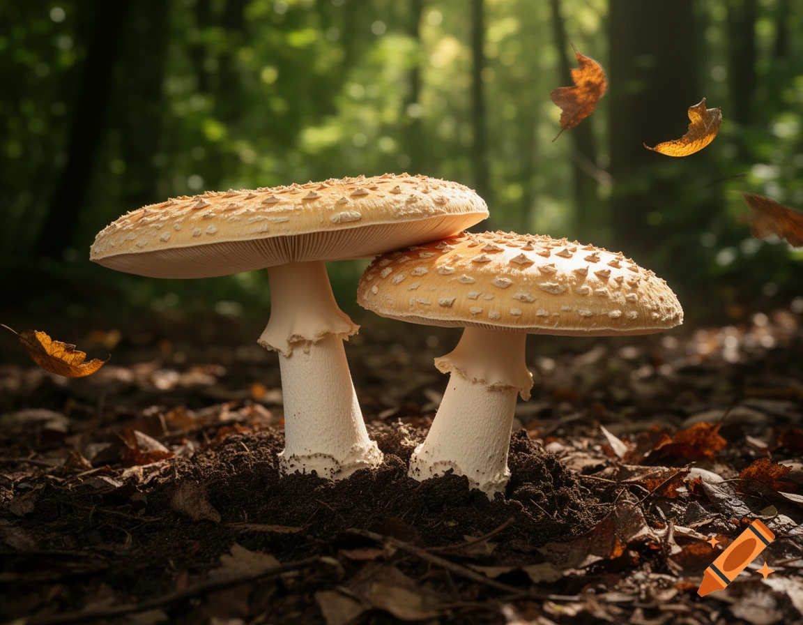 Two large, light-capped mushrooms grow from dark soil in a sun-dappled forest, with fallen leaves floating around.