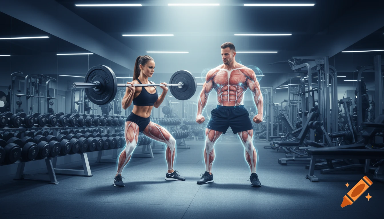 Photorealistic image of a muscular man and woman with glowing muscle highlights working out with weights in a modern gym.