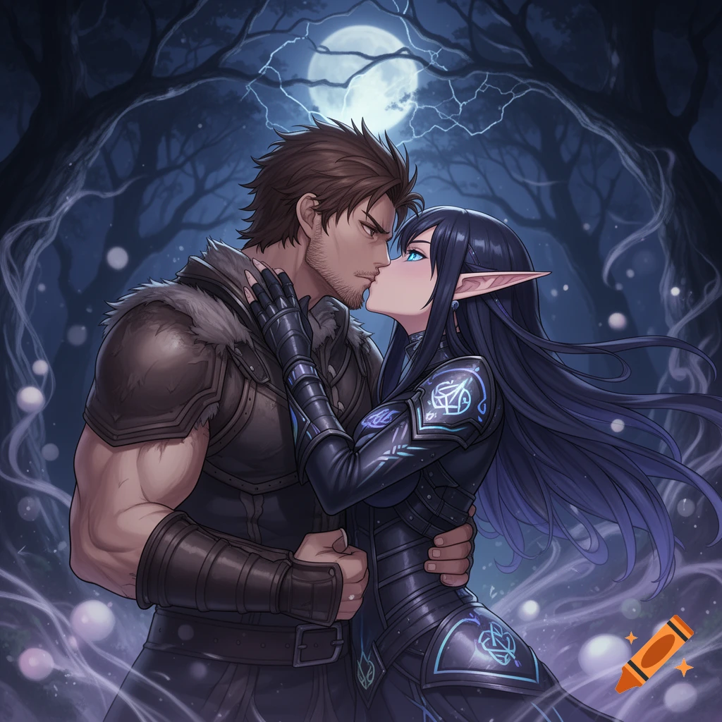 An anime-style fantasy image of a man and a dark elf woman kissing in a moonlit, stormy forest.