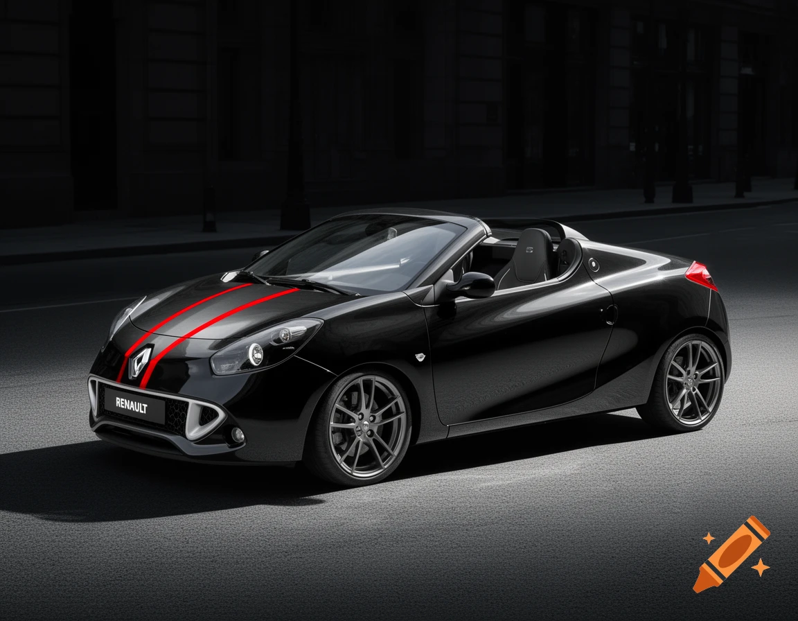 A black Renault Wind roadster with two red racing stripes on the hood, parked on a dark street under cinematic lighting.