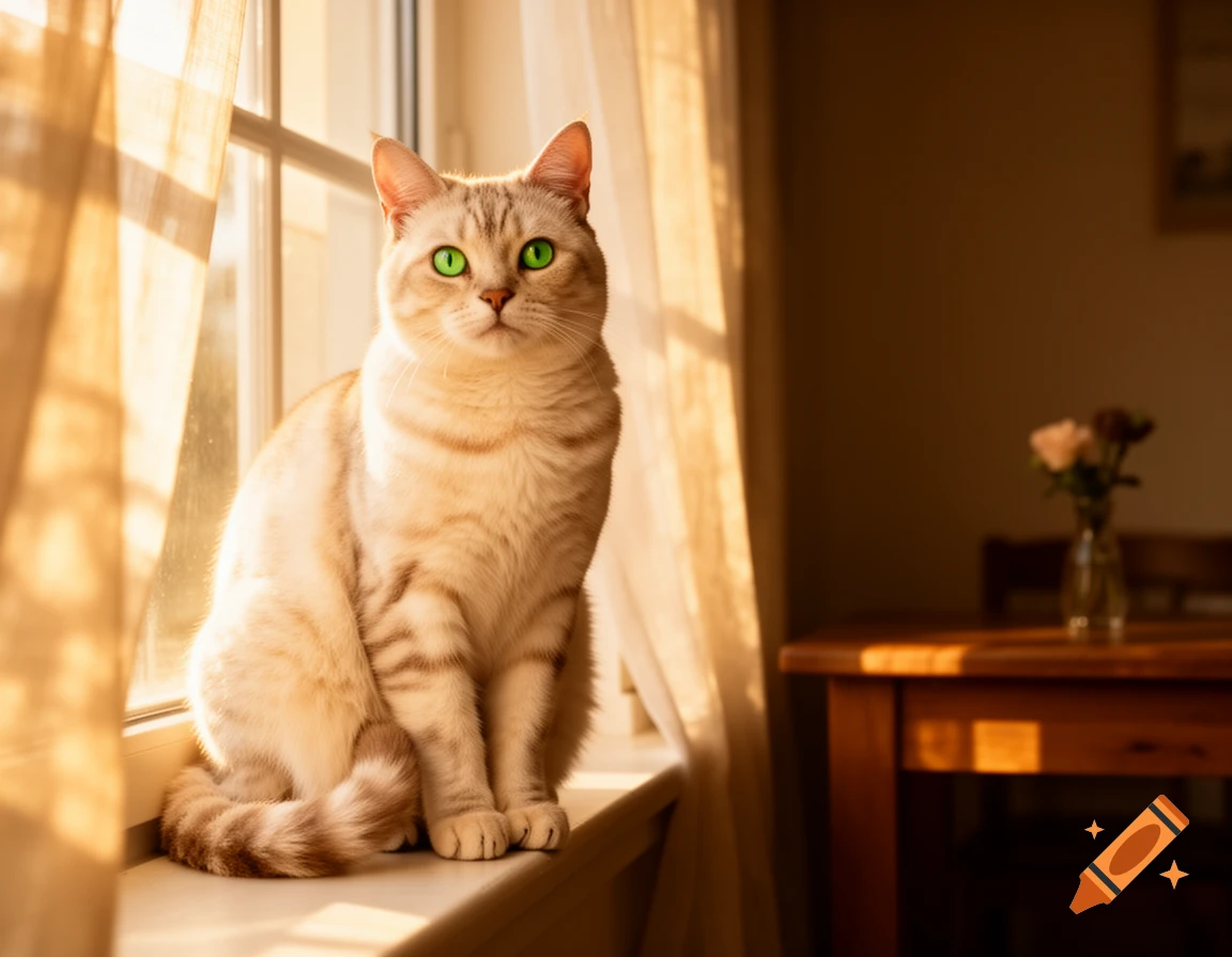 A light tabby cat with bright green eyes sits on a sunlit window sill, with curtains and a wooden table in the background.