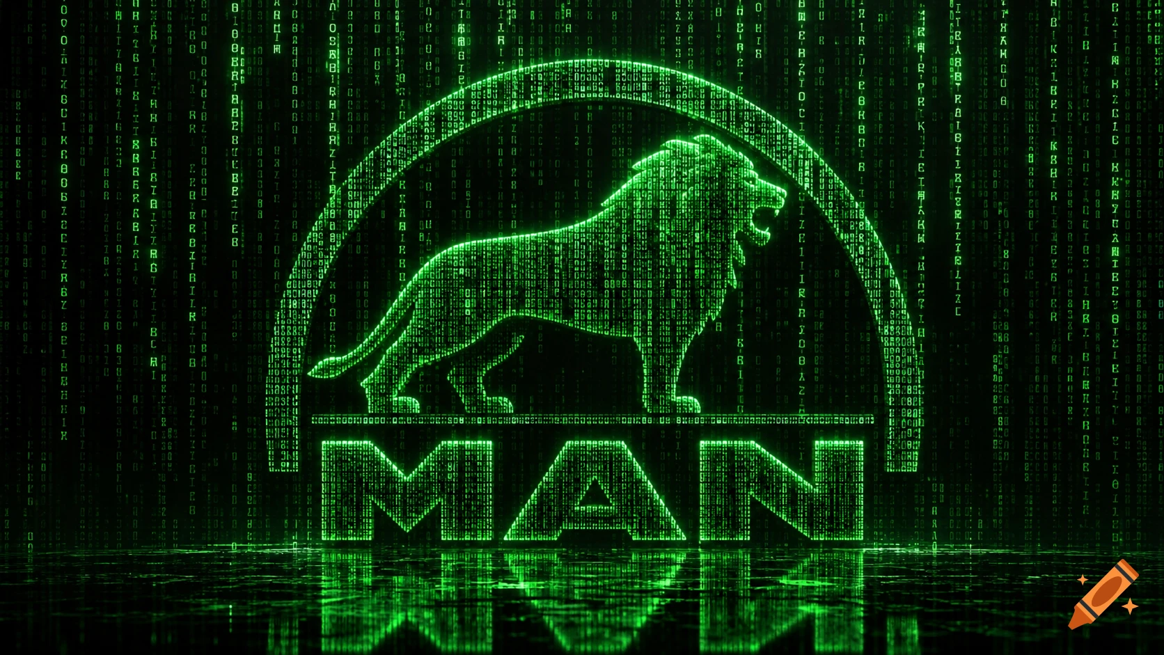 A glowing green digital lion logo, made of falling code, stands on a reflective surface against a black Matrix-style background.