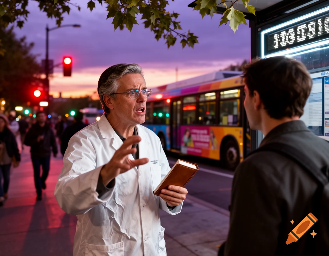 A scientist in a lab coat talks to another man at a bus stop on a city street during sunset.