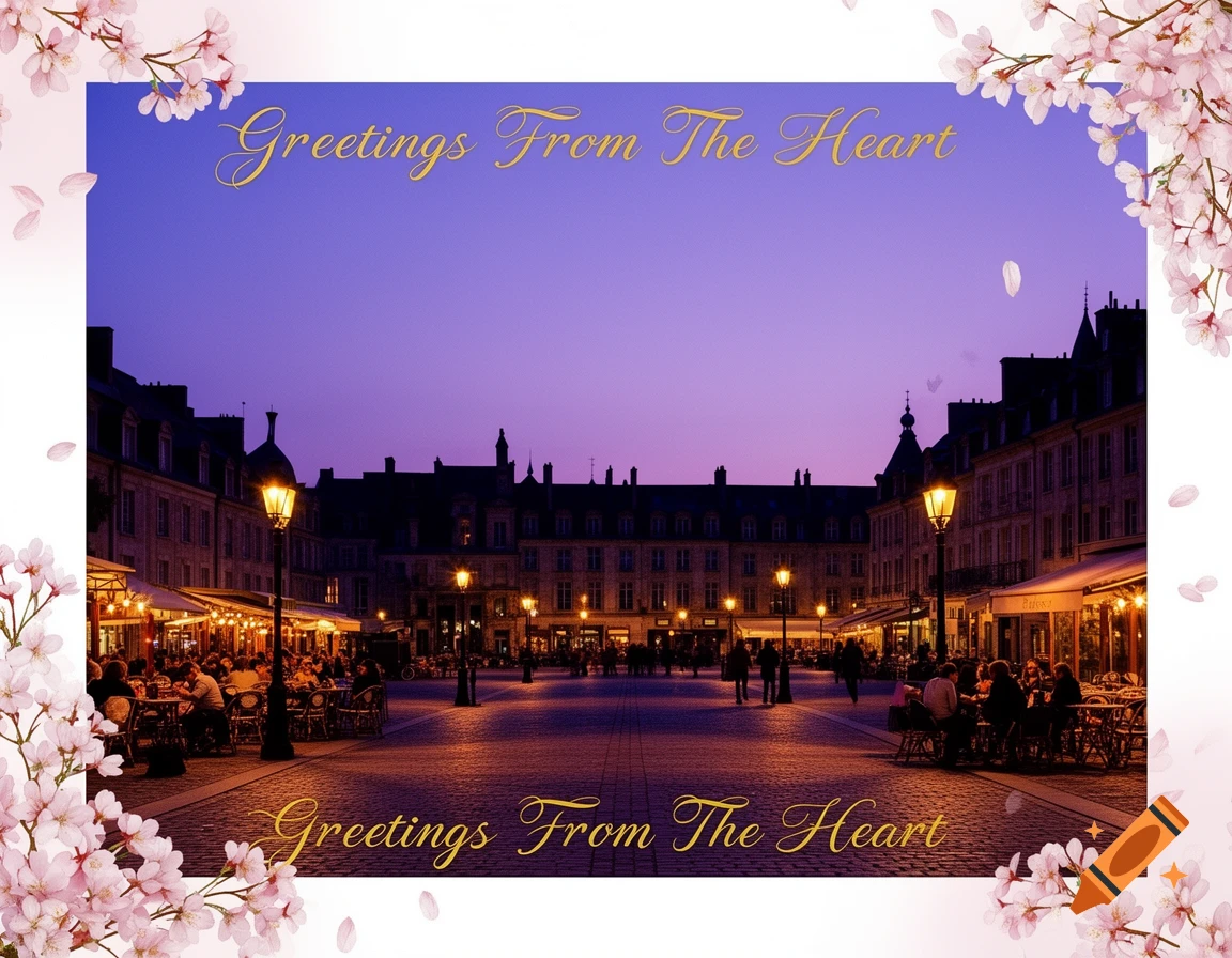 A night scene of a European city square with buildings, streetlights, and people dining outdoors, framed by pink cherry blossoms and the text "Greetings From The Heart".