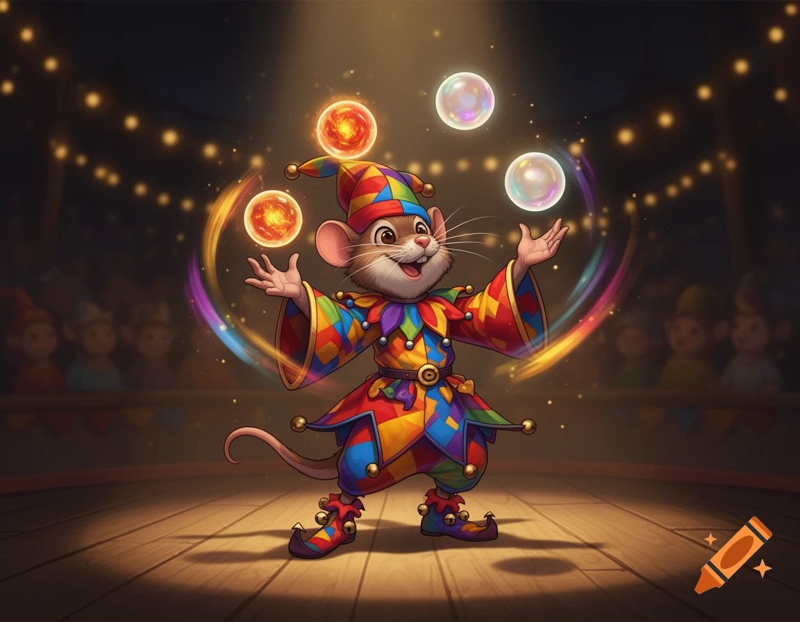 A cheerful cartoon mouse jester in colorful patterned clothing juggles glowing orbs and bubbles on a wooden stage under spotlights.