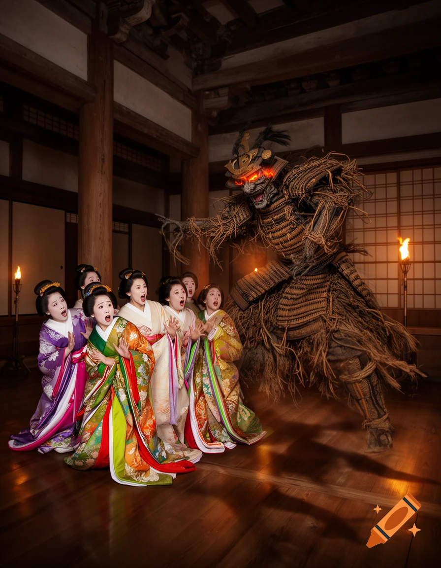 A demonic figure in jomon period armor scares several women in colorful junihitoe kimonos inside a traditional Japanese palace.