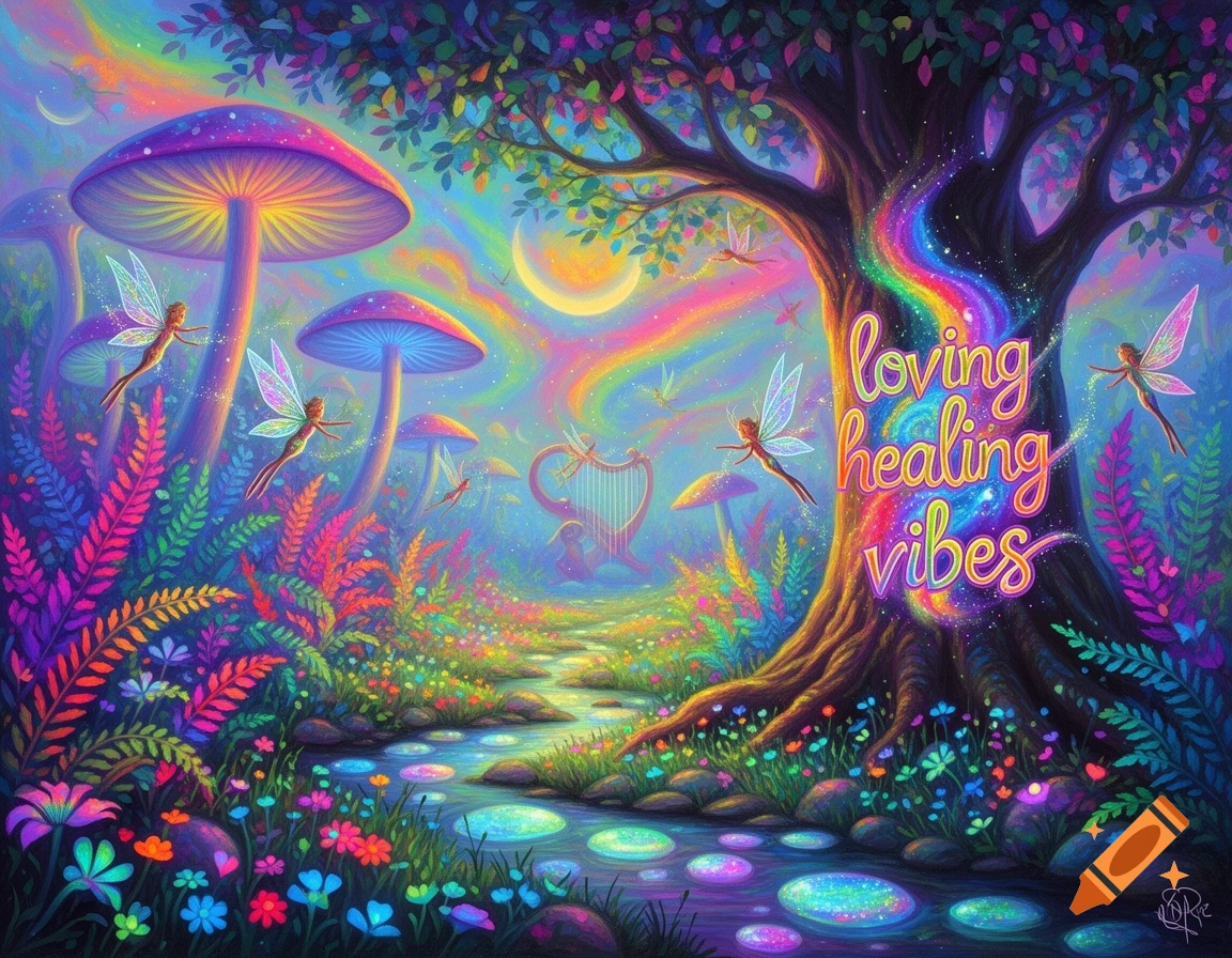 Vibrant psychedelic fairy realm with flying fairies, glowing mushrooms, a river, and a large tree with 'loving healing vibes' text.